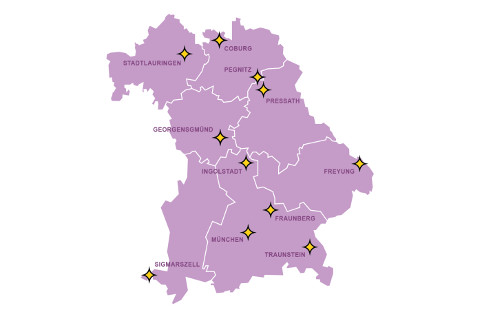 Auf einer Bayernkarte sind alle elf Modellgemeinden dargestellt.