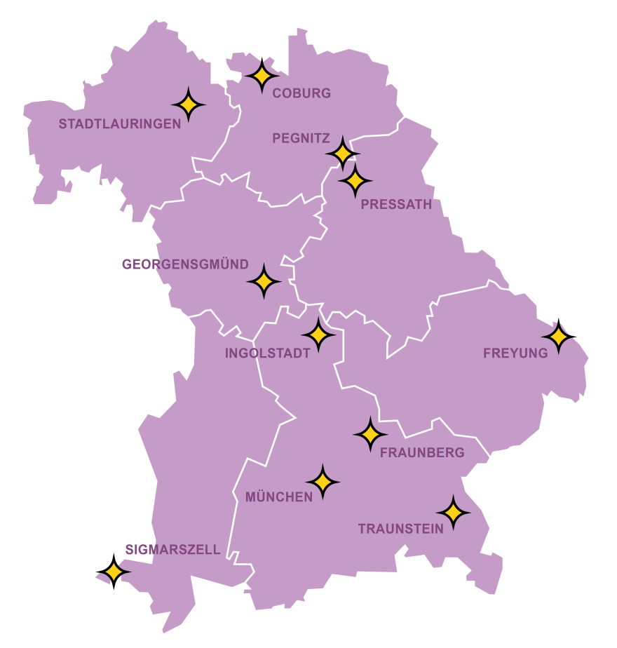 Auf einer Bayernkarte sind alle elf Gemeinde des Modellprojektes mit gelben Sternen dargestellt.