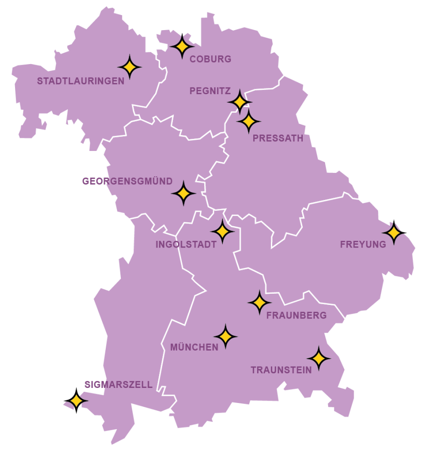 Auf einer Bayernkarte sind alle elf Gemeinde des Modellprojektes mit gelben Sternen dargestellt.